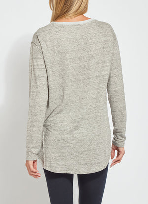 color=Heather Grey, back view, women's long sleeve tee, linen jersey for lightweight breathability, pairs well with leggings or skinny jeans