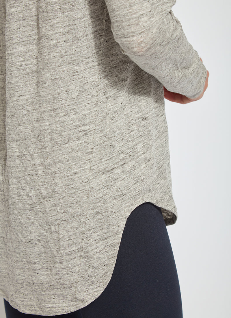 color=Heather Grey, hem detail, women's long sleeve tee, linen jersey for lightweight breathability, pairs well with leggings or skinny jeans