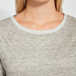 color=Heather Grey, front neckline detail, women's long sleeve tee, linen jersey for lightweight breathability, pairs well with leggings or skinny jeans