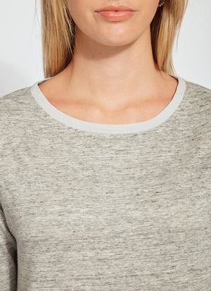 color=Heather Grey, front neckline detail, women's long sleeve tee, linen jersey for lightweight breathability, pairs well with leggings or skinny jeans