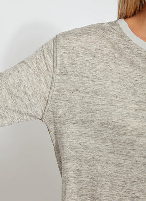 color=Heather Grey, shoulder detail, women's long sleeve tee, linen jersey for lightweight breathability, pairs well with leggings or skinny jeans