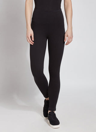color=Black, Front view black denim skinny jean legging with concealing waistband