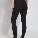 color=Black, back view, plus size denim skinny jean leggings with concealed smoothing waistband for flattering fit