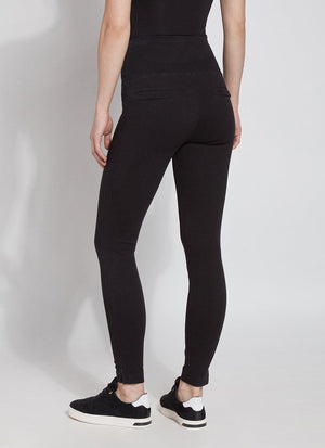 color=Black, back view, plus size denim skinny jean leggings with concealed smoothing waistband for flattering fit
