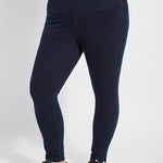 color=Indigo, front view, plus size denim skinny jean leggings with concealed smoothing waistband for flattering fit