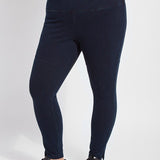 color=Indigo, front view, plus size denim skinny jean leggings with concealed smoothing waistband for flattering fit