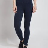 color=Indigo, front view, plus size denim skinny jean leggings with concealed smoothing waistband for flattering fit