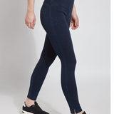 color=Indigo, side view, plus size denim skinny jean leggings with concealed smoothing waistband for flattering fit
