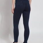 color=Indigo, back view, plus size denim skinny jean leggings with concealed smoothing waistband for flattering fit