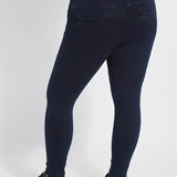 color=Indigo, back view, plus size denim skinny jean leggings with concealed smoothing waistband for flattering fit
