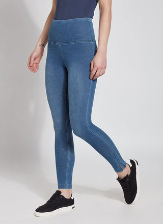 color=Mid Wash, Angled front view of blue denim skinny jean legging with concealing waistband
