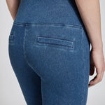 color=Mid Wash, back detail, plus size denim skinny jean leggings with concealed smoothing waistband for flattering fit