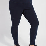 color=Indigo, front view, ankle length denim jean leggings with concealed waistband for flattering, slimming fit, best selling jegging