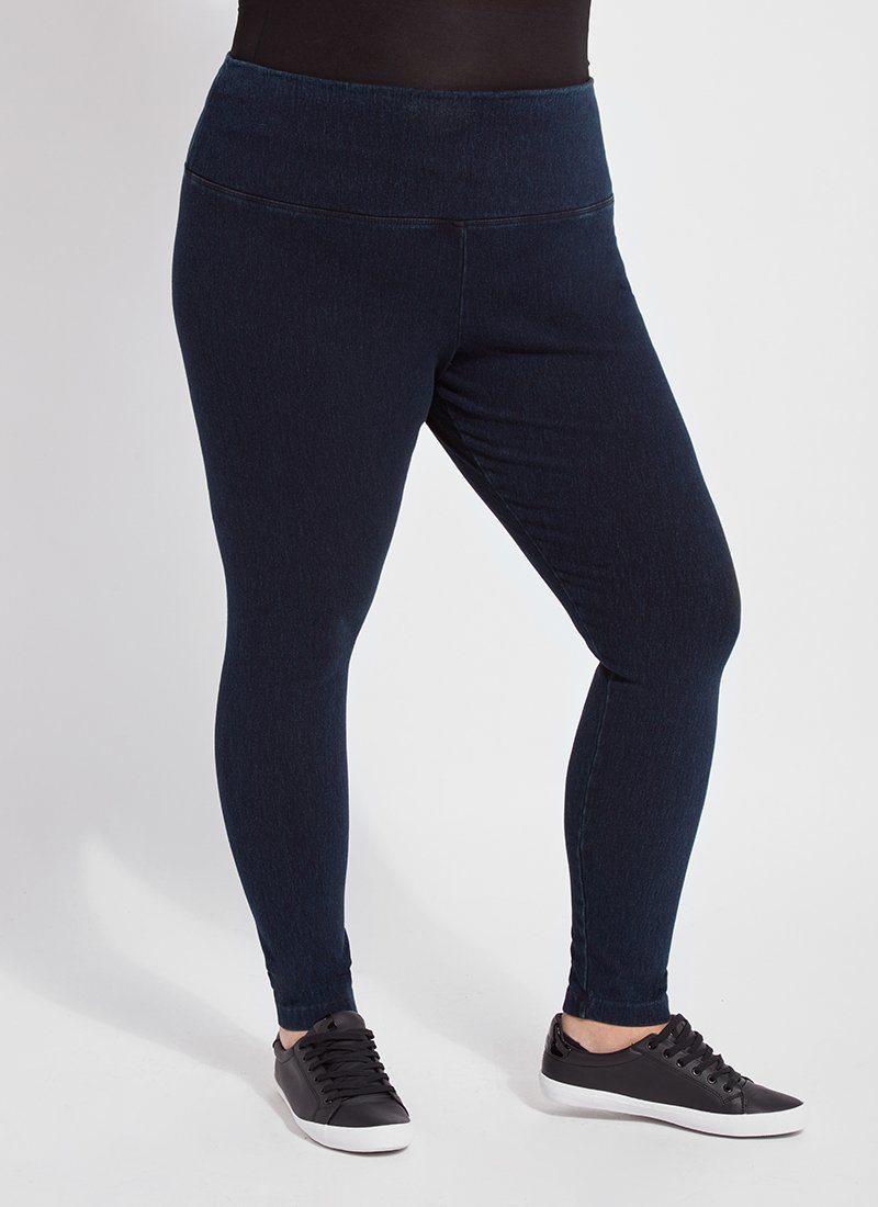 color=Indigo, front view, ankle length denim jean leggings with concealed waistband for flattering, slimming fit, best selling jegging