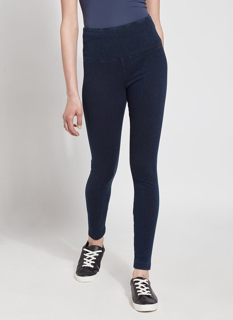 color=Indigo, Front shot of Indigo color cotton and spandex leggings with concealed signature waistband, from the waist down