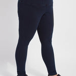 color=Indigo, side view, ankle length denim jean leggings with concealed waistband for flattering, slimming fit, best selling jegging
