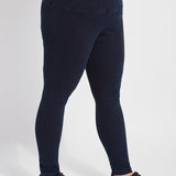 color=Indigo, side view, ankle length denim jean leggings with concealed waistband for flattering, slimming fit, best selling jegging