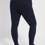 color=Indigo, back view, ankle length denim jean leggings with concealed waistband for flattering, slimming fit, best selling jegging