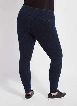color=Indigo, back view, ankle length denim jean leggings with concealed waistband for flattering, slimming fit, best selling jegging