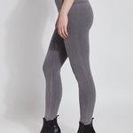 color=Mid Grey, side view, ankle length denim jean leggings with concealed waistband for flattering, slimming fit, best selling jegging