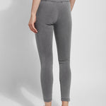color=Mid Grey, back view, ankle length denim jean leggings with concealed waistband for flattering, slimming fit, best selling jegging