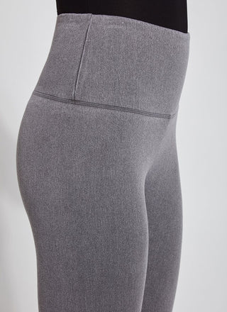 color=Mid Grey, Detail side shot of mid grey color cotton and spandex leggings with concealed slimming signature waistband, right hip