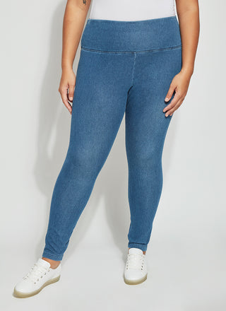color=Mid Wash, ankle length denim jean leggings with concealed waistband for flattering, slimming fit, best selling jegging