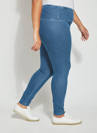 color=Mid Wash, side view, ankle length denim jean leggings with concealed waistband for flattering, slimming fit, best selling jegging