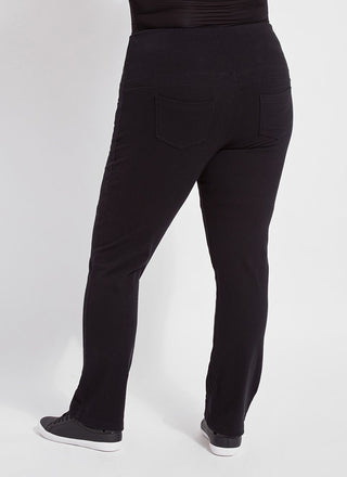 color=Black, back view, curvy denim straight leg pant legging, flattering and slimming concealed waistband
