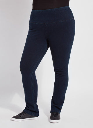 color=Indigo, front view, curvy denim straight leg pant legging, flattering and slimming concealed waistband