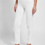 color=White, Angled front view of white denim straight leg jean leggings with patented concealing waistband