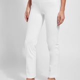 color=White, Angled front view of white denim straight leg jean leggings with patented concealing waistband