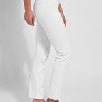color=White, Side view white denim straight leg jean leggings with patented concealing waistband