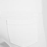 color=White, Detailed rear view of white denim straight leg jean leggings with patented concealing waistband