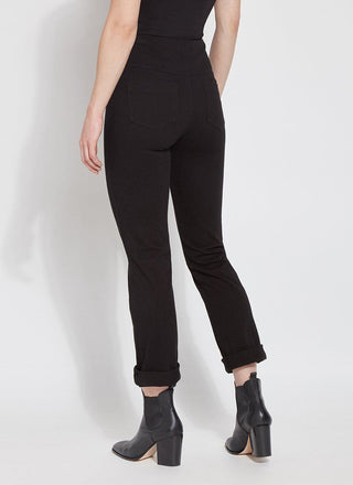 color=Black, back view, plus size boyfriend cut denim leggings with comfort waistband to smooth and slim 