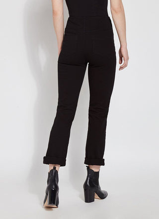 color=Black, back view, plus size boyfriend cut denim leggings with comfort waistband to smooth and slim 