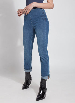 color=Mid Wash, front view, plus size boyfriend cut denim leggings with comfort waistband to smooth and slim 