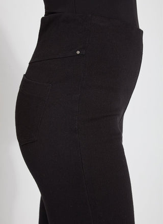 color=Black, waist detail, plus size boyfriend cut denim leggings with comfort waistband to smooth and slim 