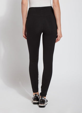 color=Black, back view, stretch cotton leggings, yoga pants, with smoothing comfort waistband and lifting, contouring seaming 