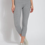 color=Grey Melange, Front view of grey melange flattering cotton crop leggings with concealed waistband for control and comfort
