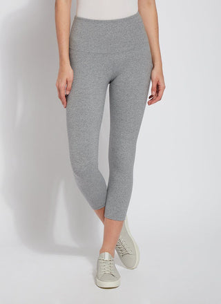 color=Grey Melange, Front view of grey melange flattering cotton crop leggings with concealed waistband for control and comfort