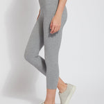 color=Grey Melange, side view of grey melange flattering cotton crop leggings with concealed waistband for control and comfort
