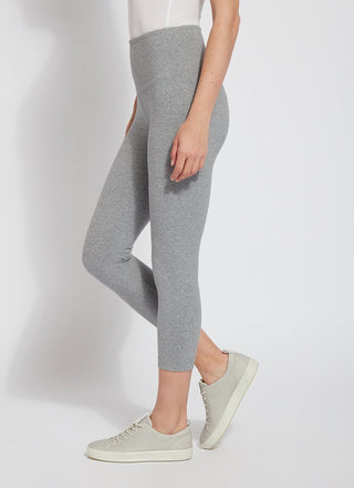 color=Grey Melange, side view of grey melange flattering cotton crop leggings with concealed waistband for control and comfort