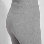 color=Grey Melange, Angled rear detail view of grey melange flattering cotton crop leggings with concealed waistband for control and comfort