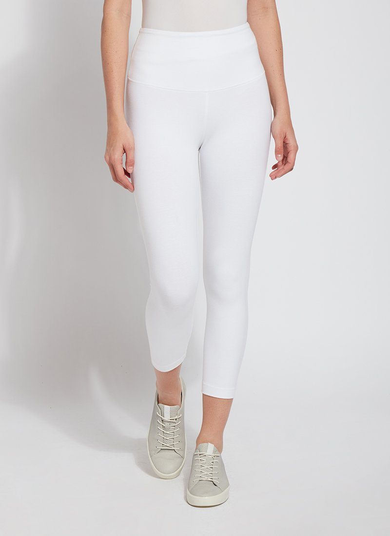 color=White, Front view white flattering cotton crop leggings with concealed waistband for control and comfort