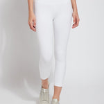 color=White, Front view white flattering cotton crop leggings with concealed waistband for control and comfort
