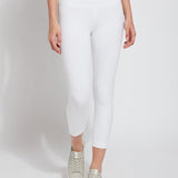 color=White, Front view white flattering cotton crop leggings with concealed waistband for control and comfort