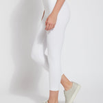 color=White, Side view white flattering cotton crop leggings with concealed waistband for control and comfort