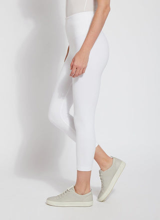 color=White, Side view white flattering cotton crop leggings with concealed waistband for control and comfort
