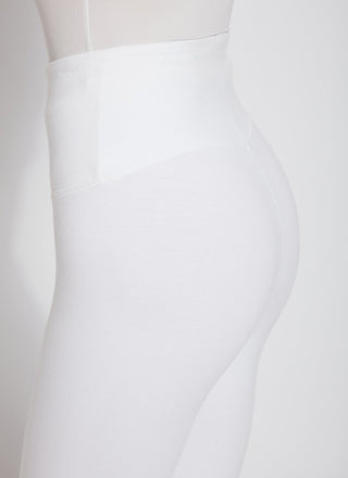 color=White, Side detail of white flattering cotton crop leggings with concealed waistband for control and comfort